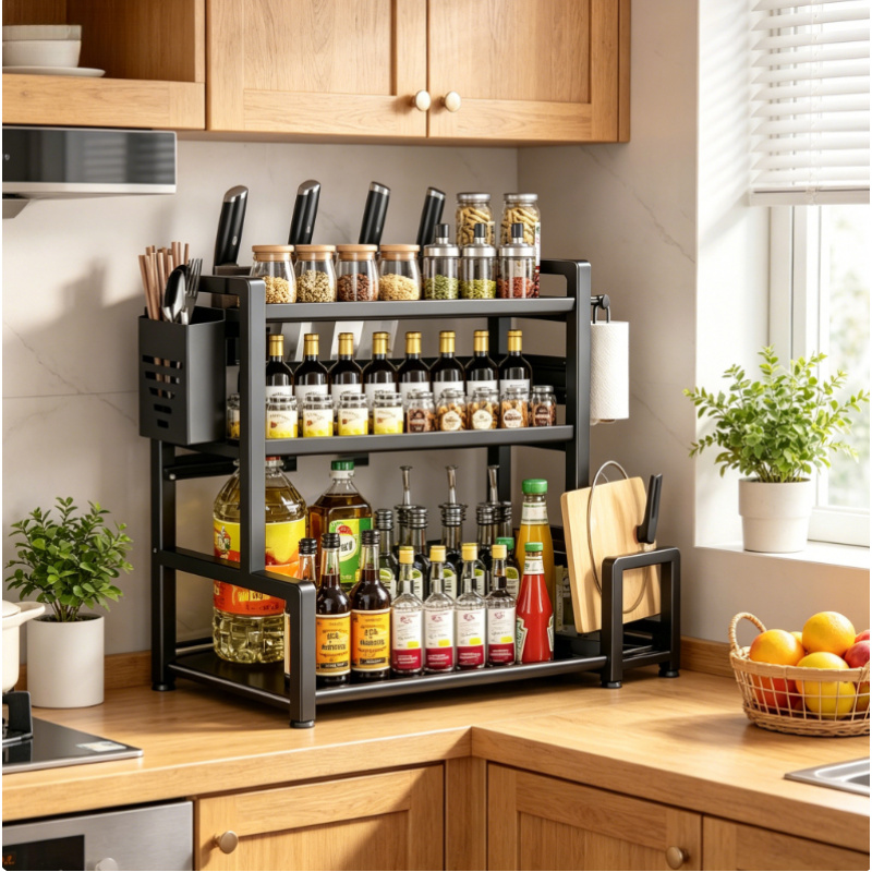 Commercial Kitchen Knife Holder - Küchen-Gewürzregal-Organizer, 3-stufiger Verstellbarer Metall-Organizer mit Messerhalter